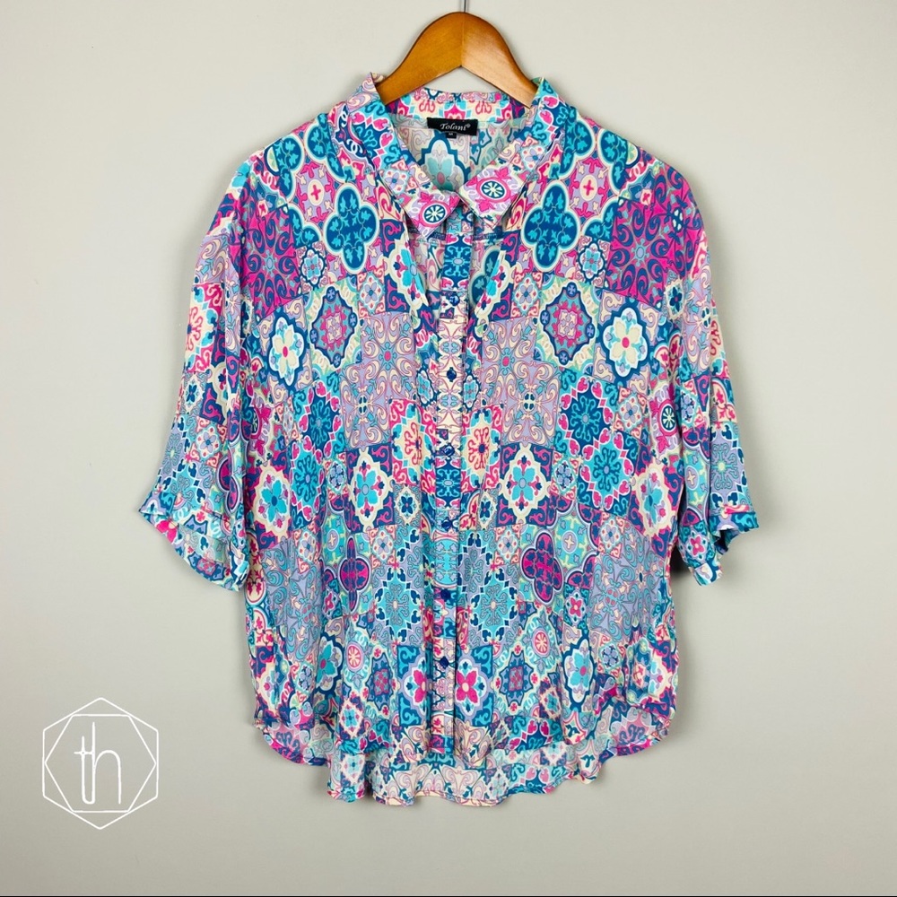Tolani Multicolor Floral Tile Print Blouse